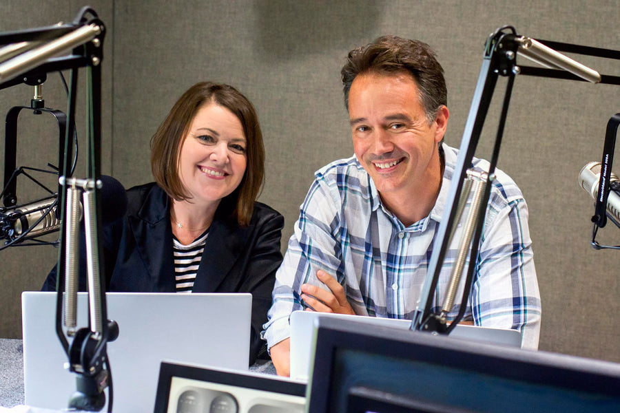 Authors Amy Parker and Mike Nawrocki recording in the studio